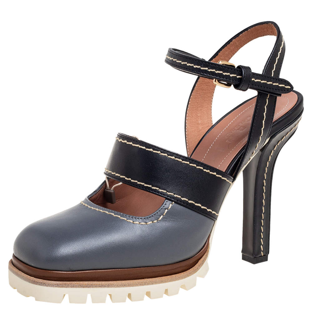 Pre Owned Marni Grey/Black Leather Mary Jane Ankle Strap Pumps Size 39