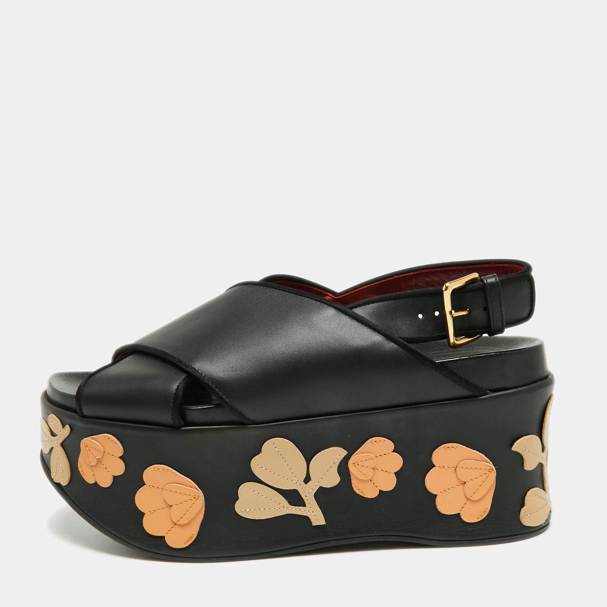 Pre Owned Marni Black Leather Cross Strap Floral Platform Sandals Size 40