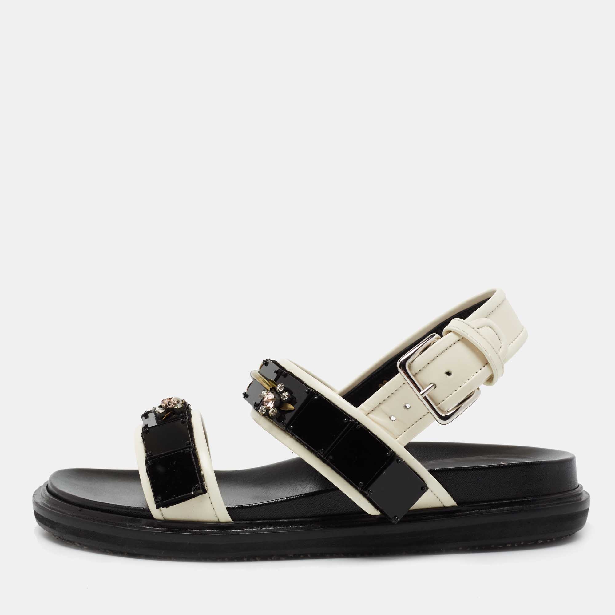 Pre Owned Marni Black Patent Leather Jewel Embellished Slingback Sandals  Size 38