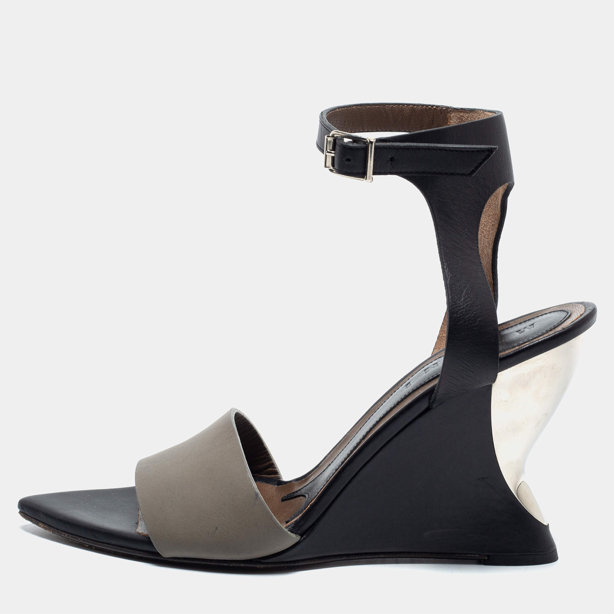 Pre Owned Marni Black/Grey Leather Ankle Strap Sandals Size 37