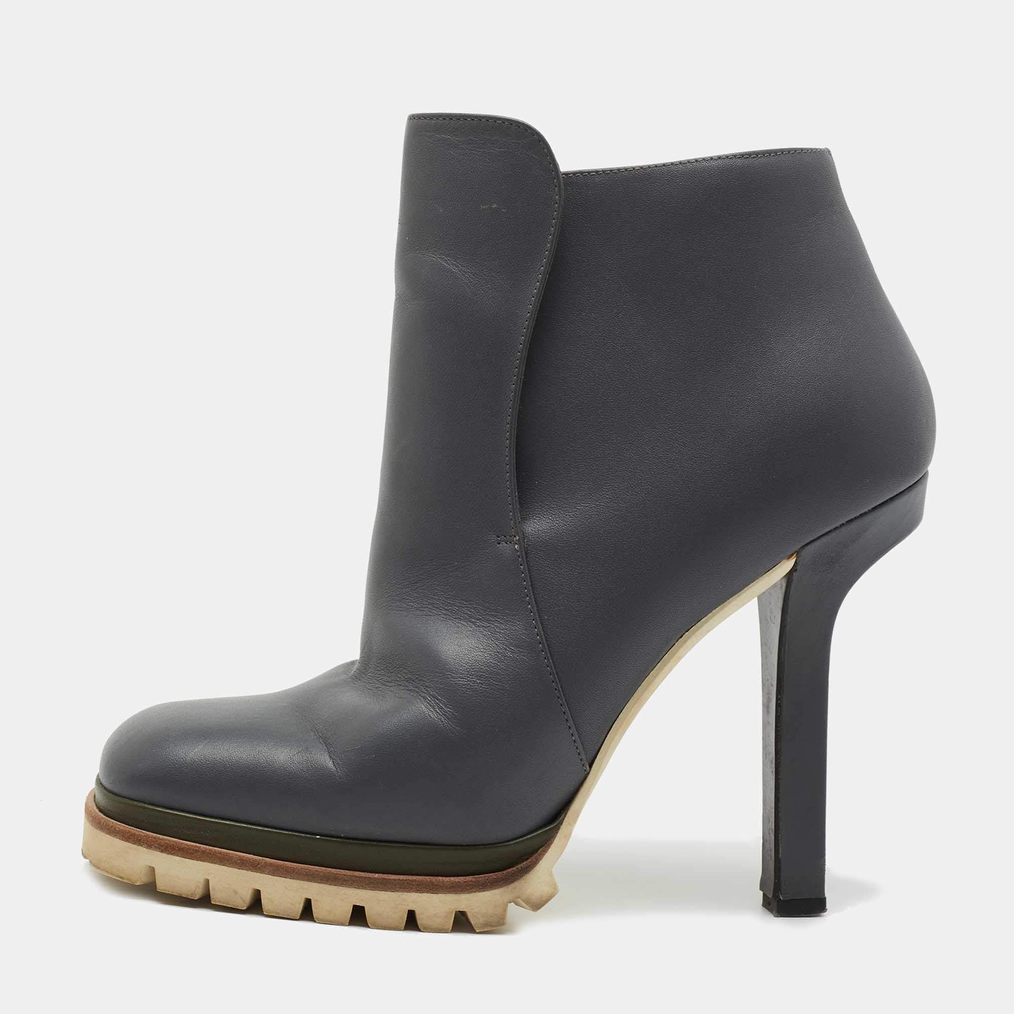 Marni Grey Leather Square Toe Ankle Booties Size 40