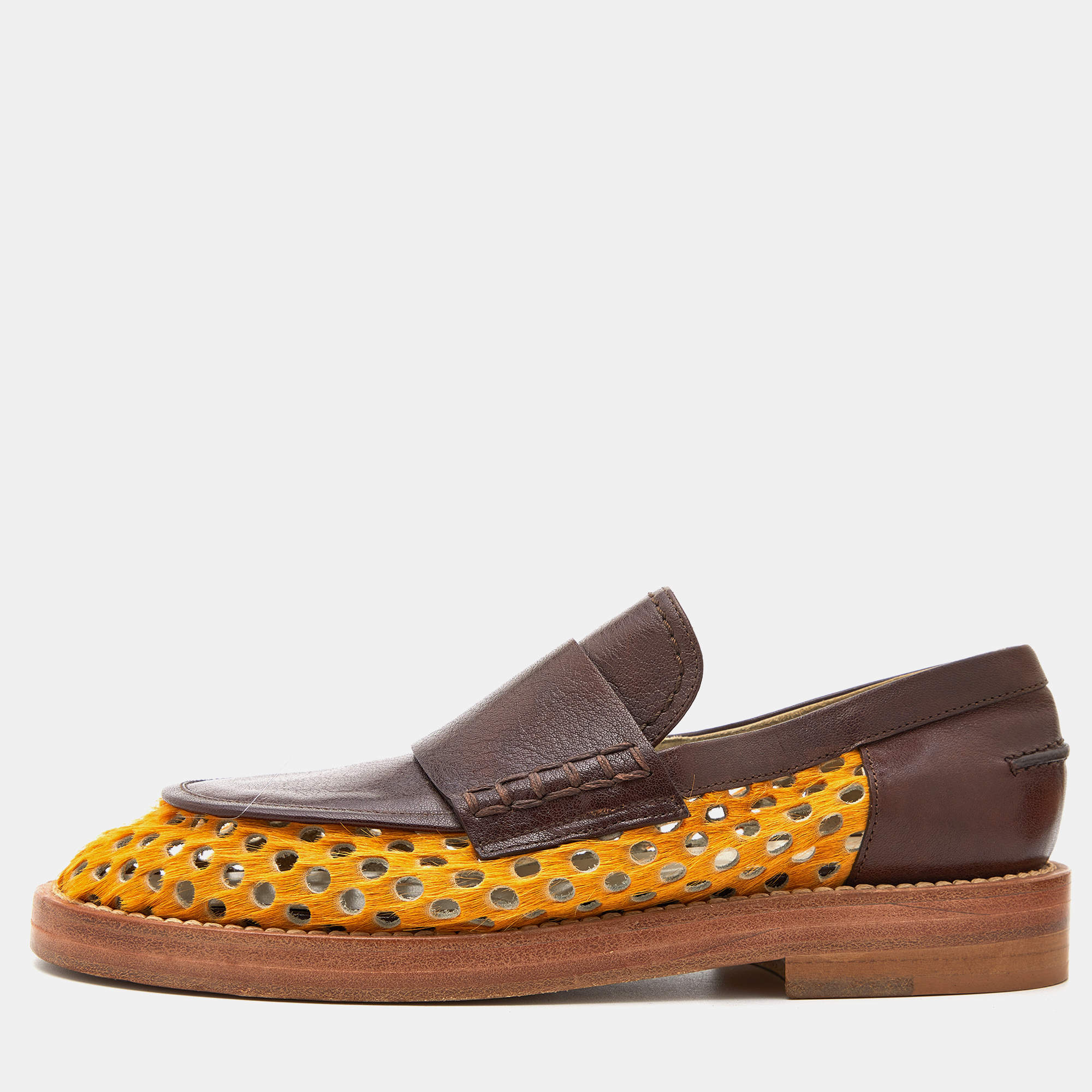 Marni Brown/Yellow Leather and Perforated Calf Hair Slip On Loafers Size 38