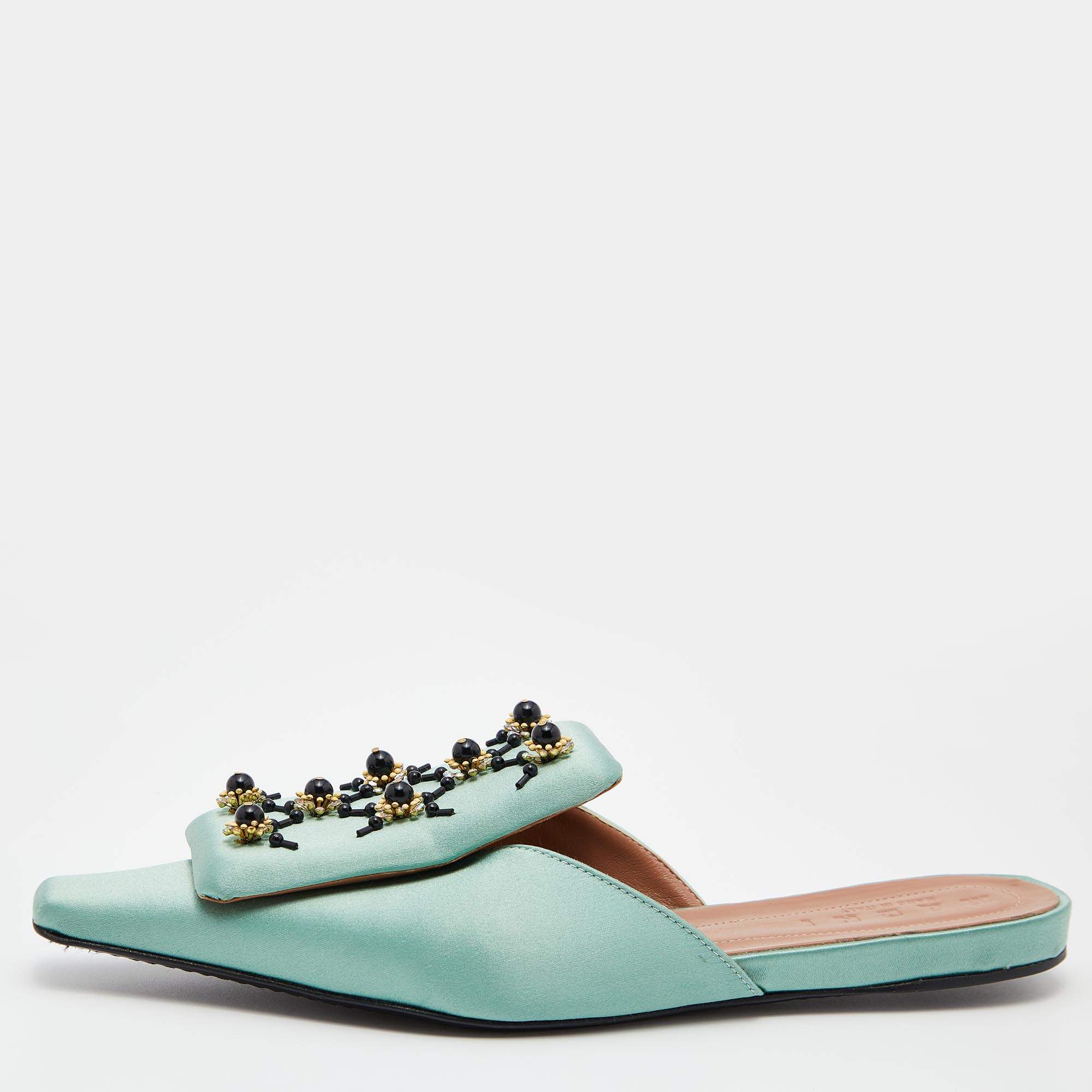 Pre Owned Marni Green Satin Embellished Mules Size 39