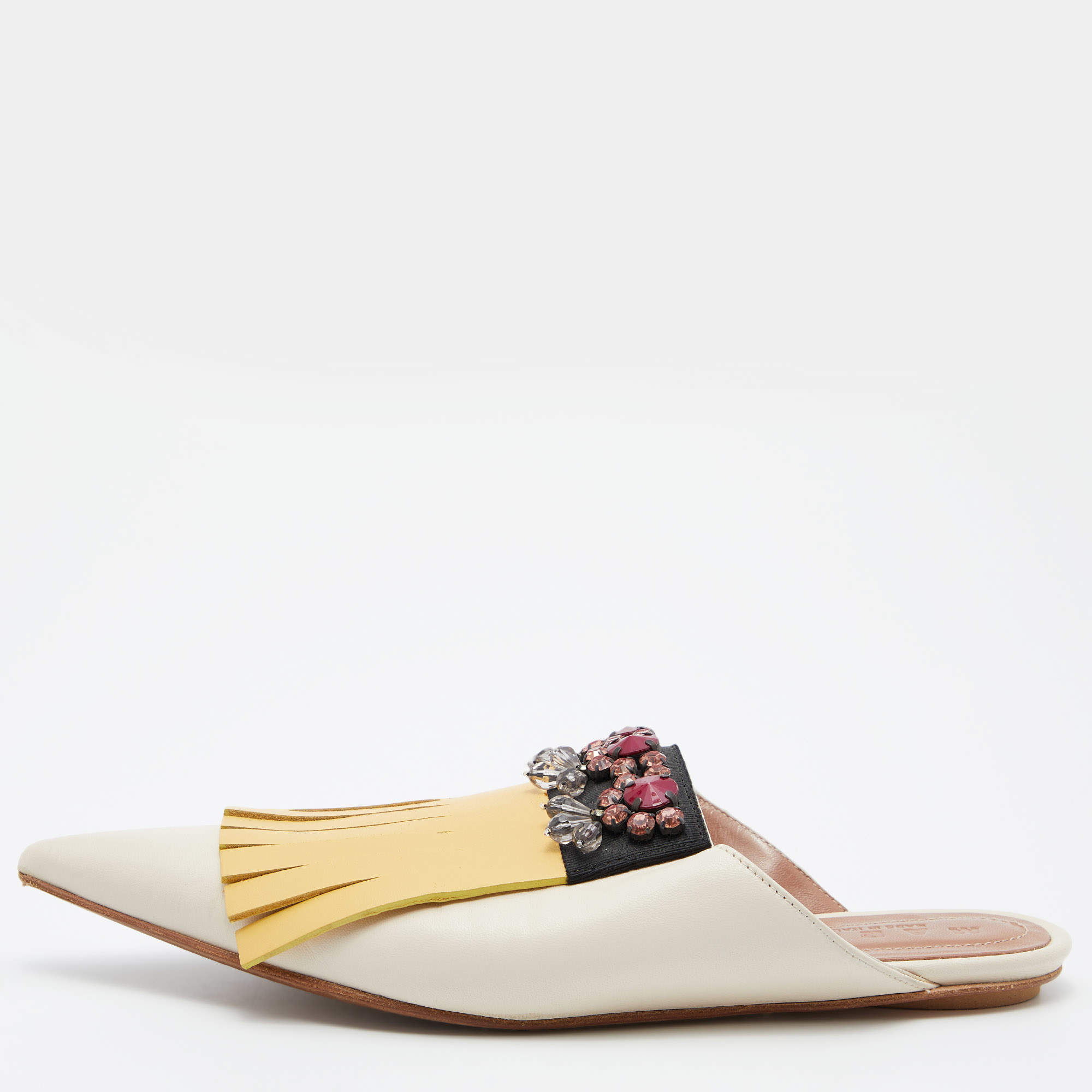 Marni Tri Color Leather Crystal Embellished Flat Mules Size 38
