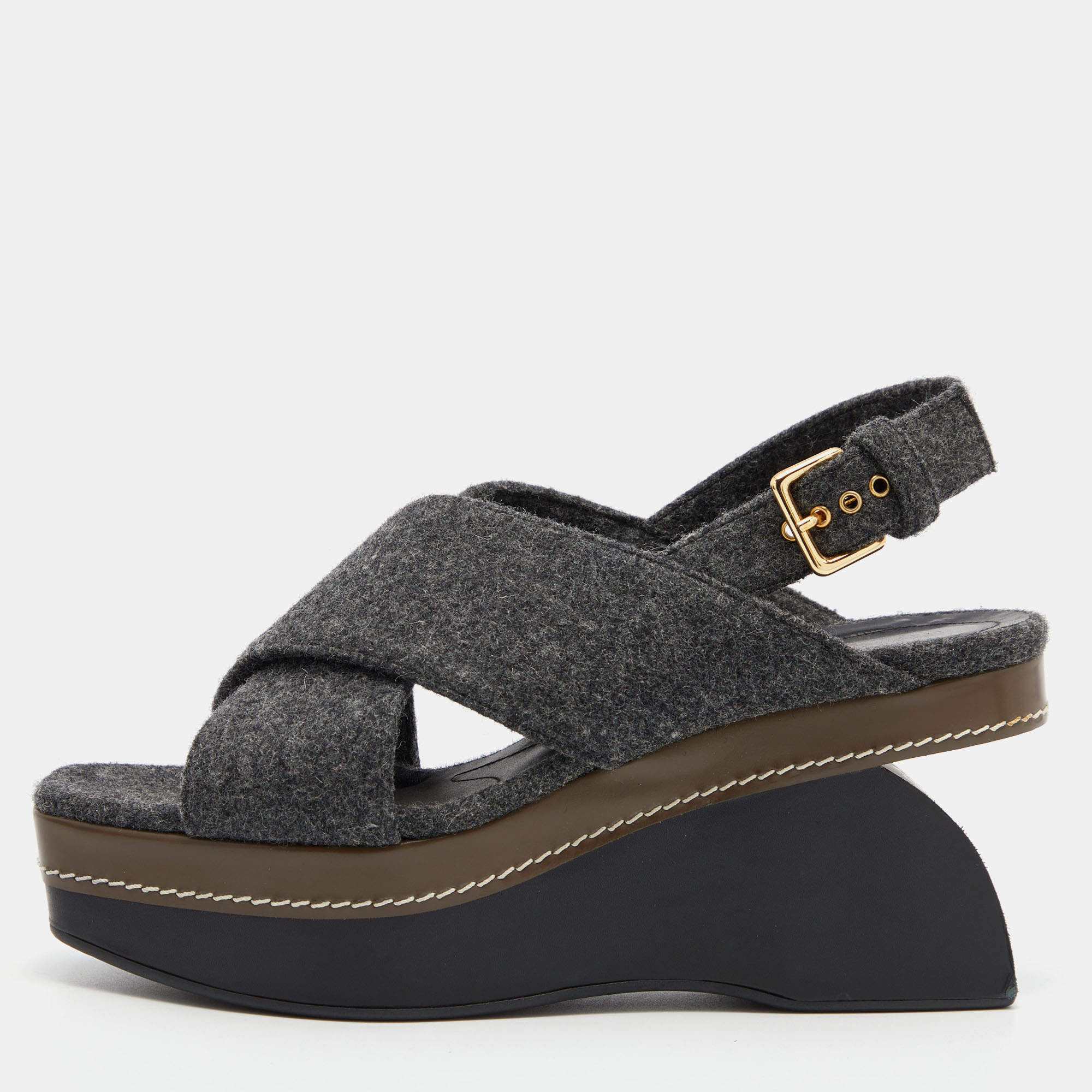 Marni Grey Wool Crisscross Wedge Sandals Size 40