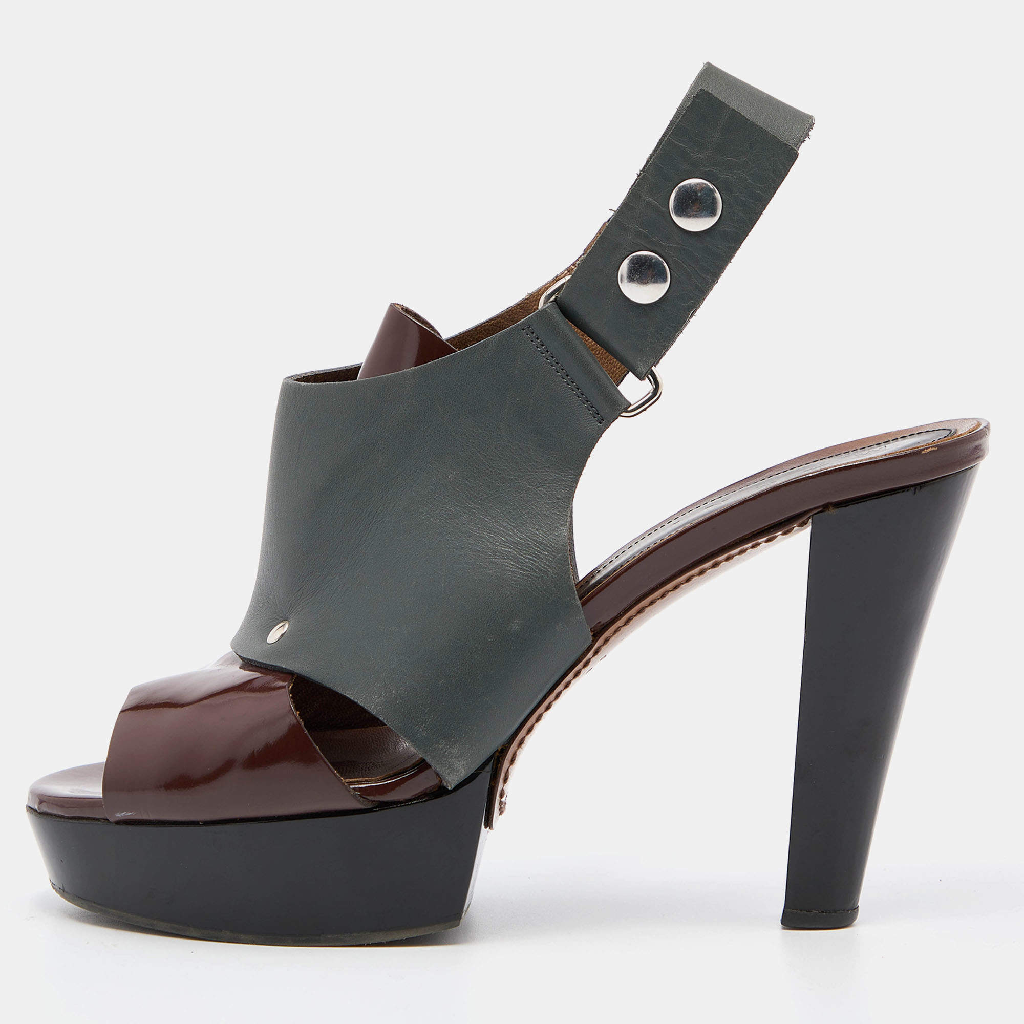 Marni Grey/Brown Leather Ankle Strap Platform Pumps Size 40