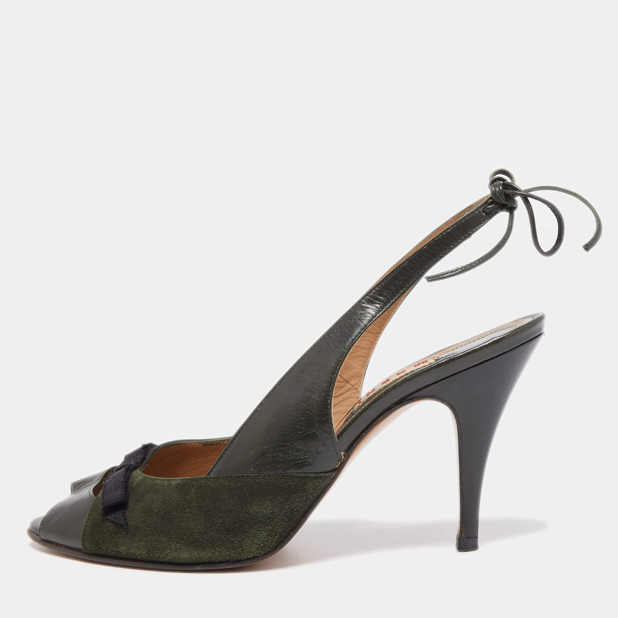 Marni Dark Green Leather and Suede Peep Toe Tie Knot Slingback Sandals Size 38.5