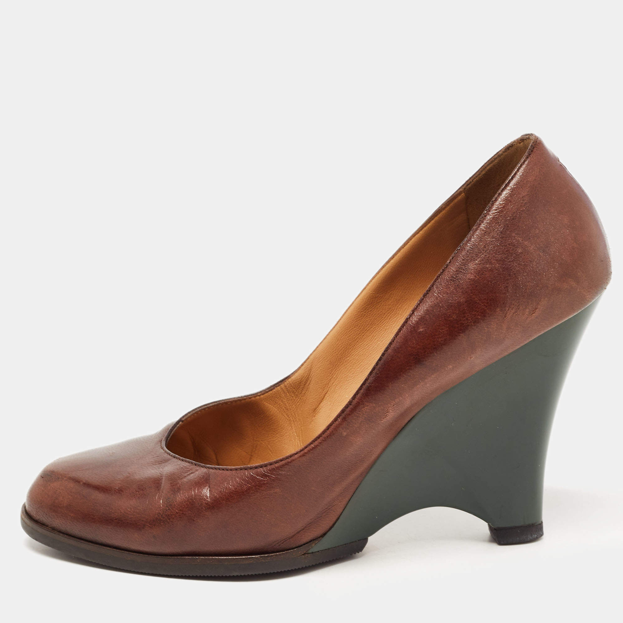 Pre Owned Marni Brown Leather Wedge Pumps Size 37