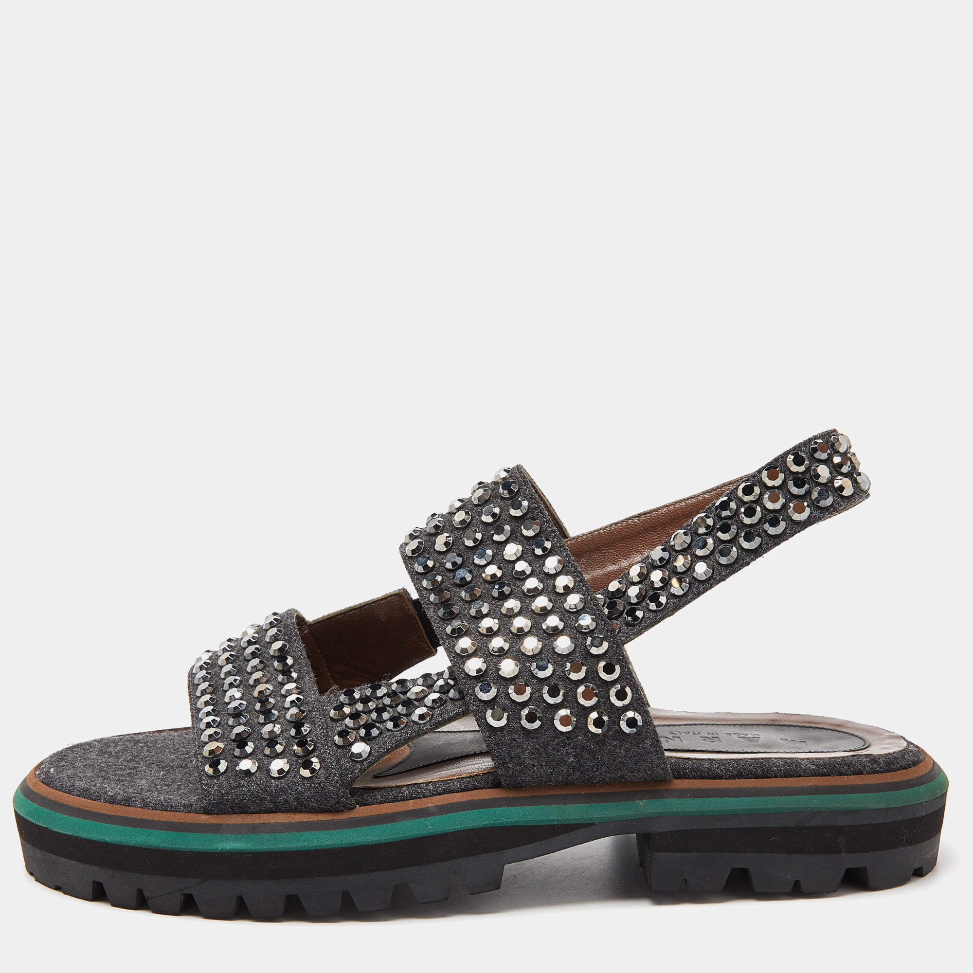 Marni Grey/Brown Leather and Wool Crystals Embellished Flat Sandals Size 40