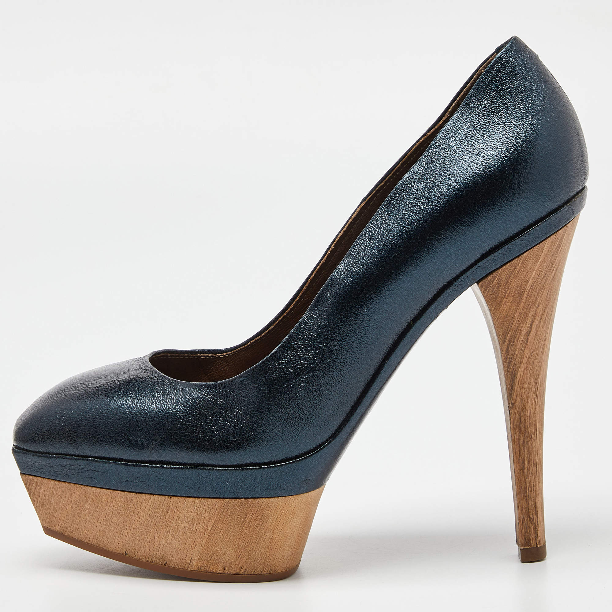 Pre Owned Marni Metallic Blue Leather Square Toe Platform Pumps Size 36