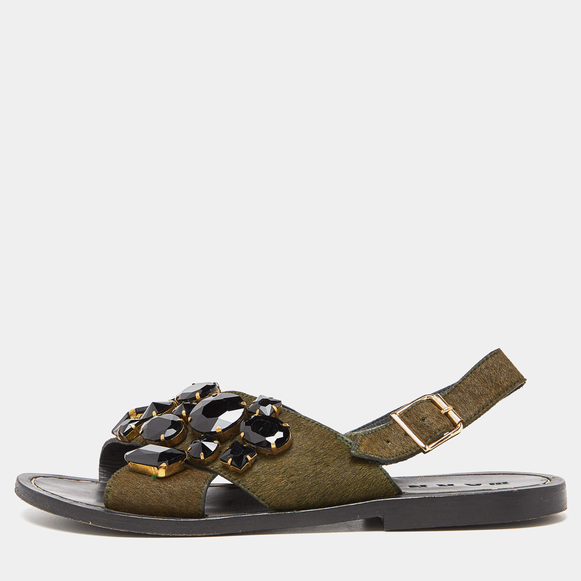 Marni Green Leather and Calfhair Embellished Flat Sandals Size 38