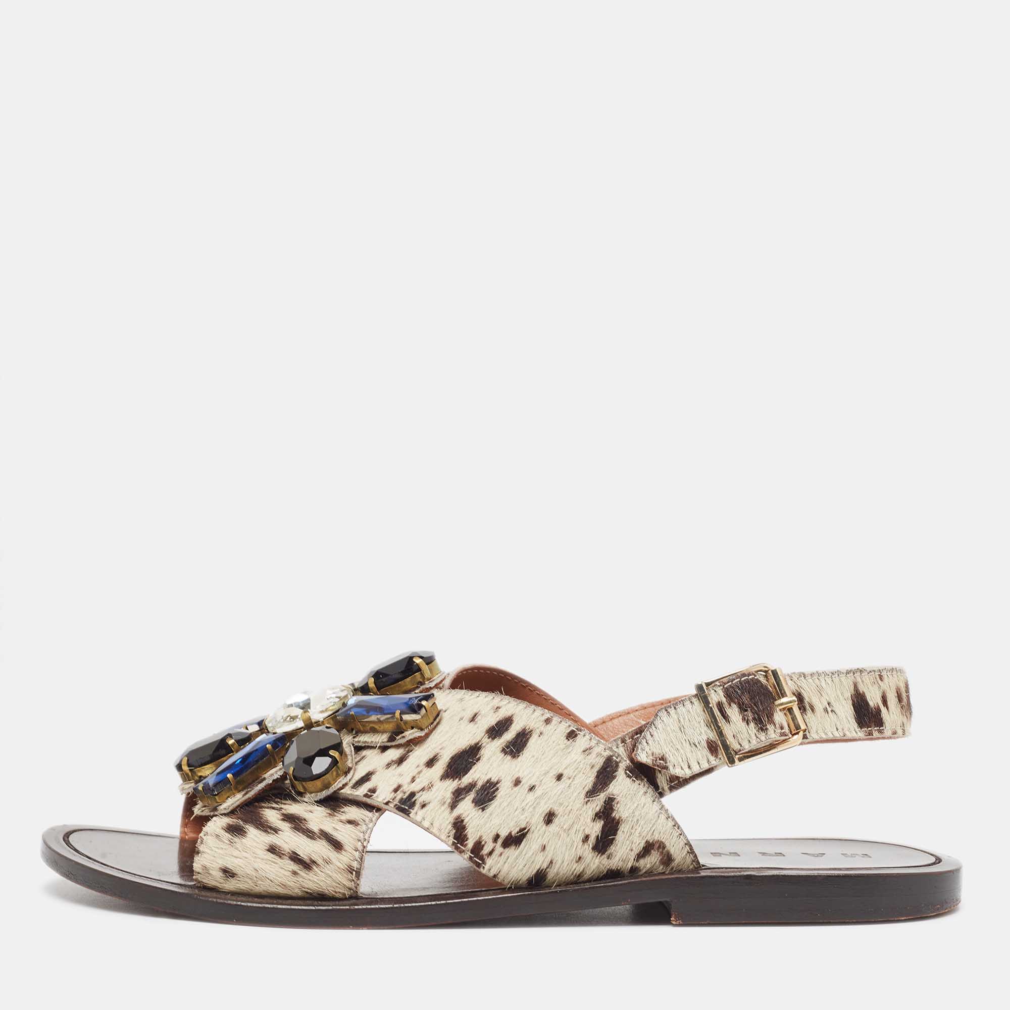 Pre Owned Marni White/Brown Animal Print Calf Hair Crystal Embellished Flat Sandals Size 39