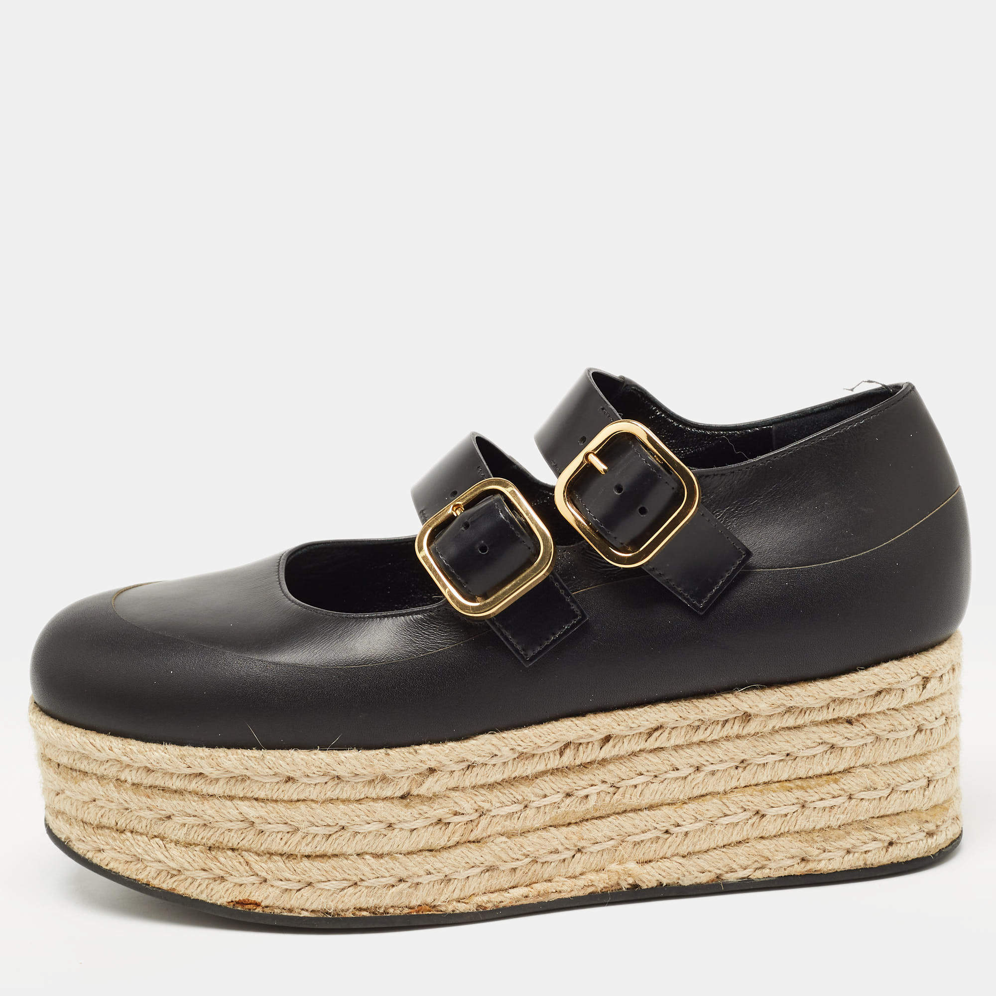Marni Black Leather Espadrille Platform Mary Jane Pumps Size 39