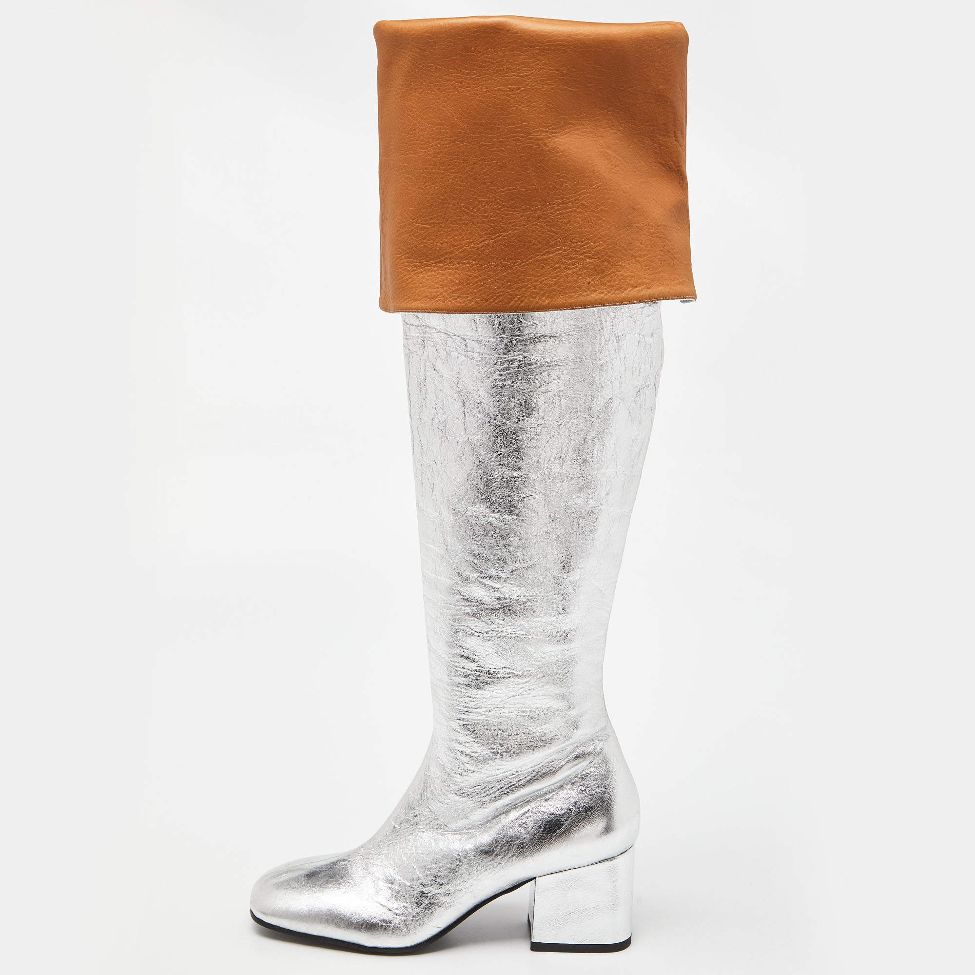 Pre Owned Marni Silver Leather Over The Knee Boots Size 40