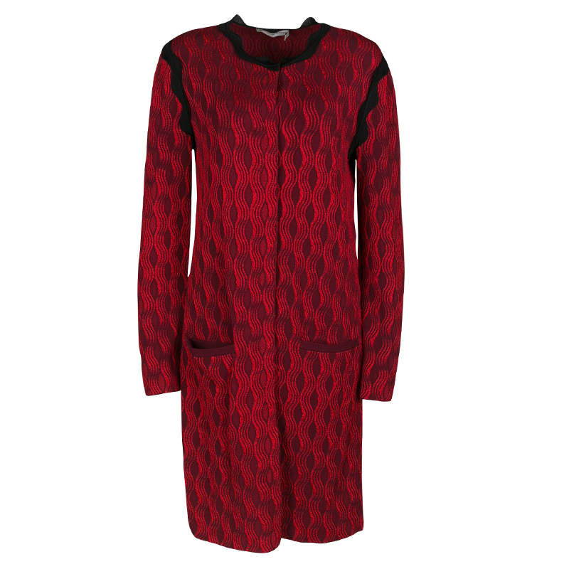 Mary Katrantzou Red Jacquard Contrast Trim Long Powden Cardigan M