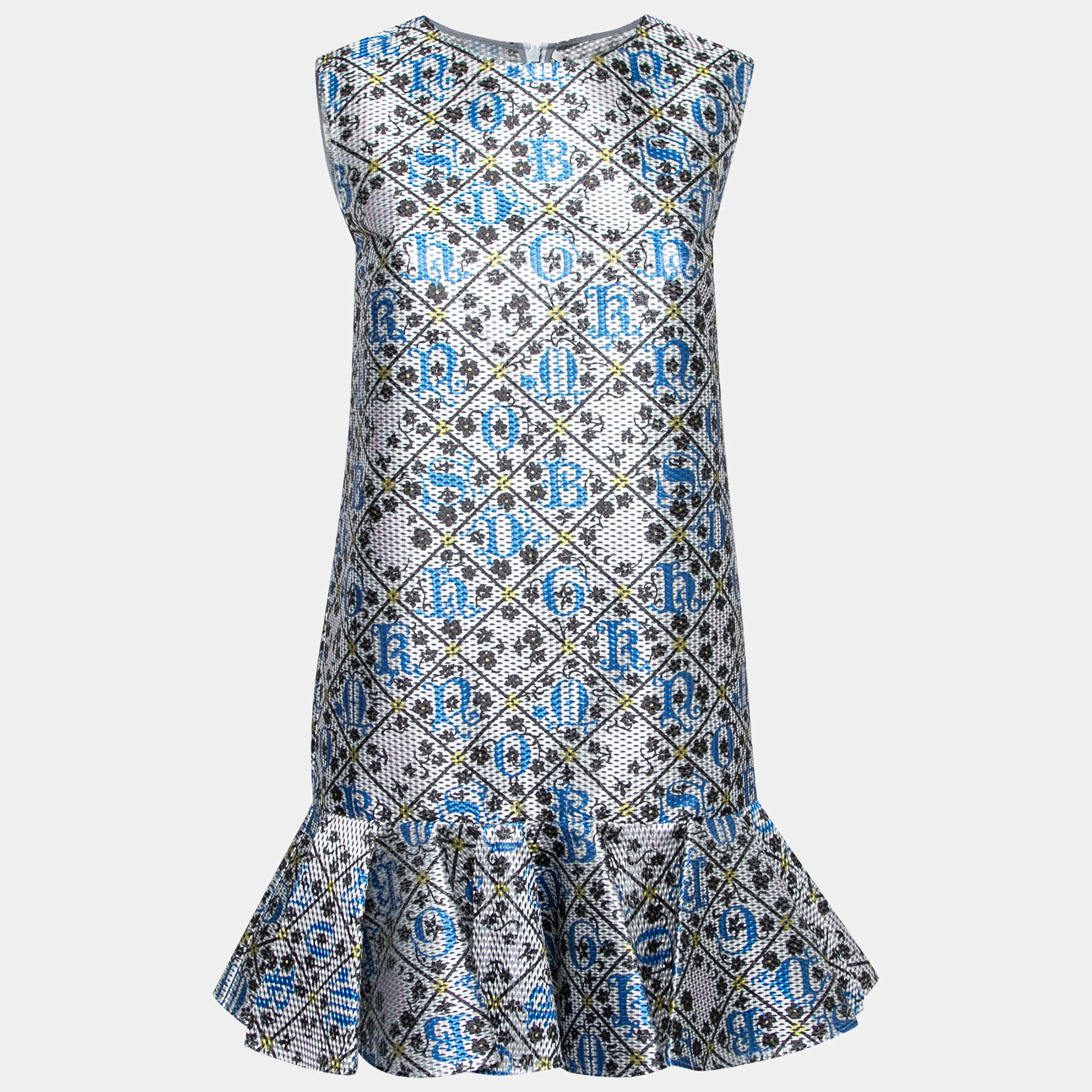 Mary Katrantzou Silver and Blue Metallic Drop Waist Jaspa Dress S