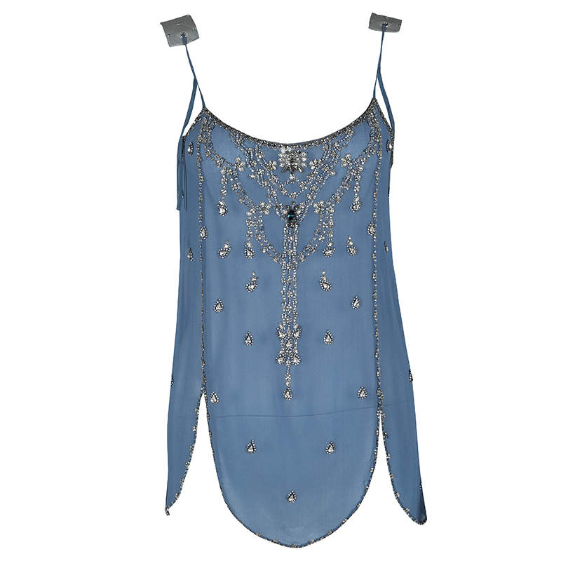 مملوكة مسبقًا Matthew Williamson Blue Crystal Embellished Sleeveless Silk Top M