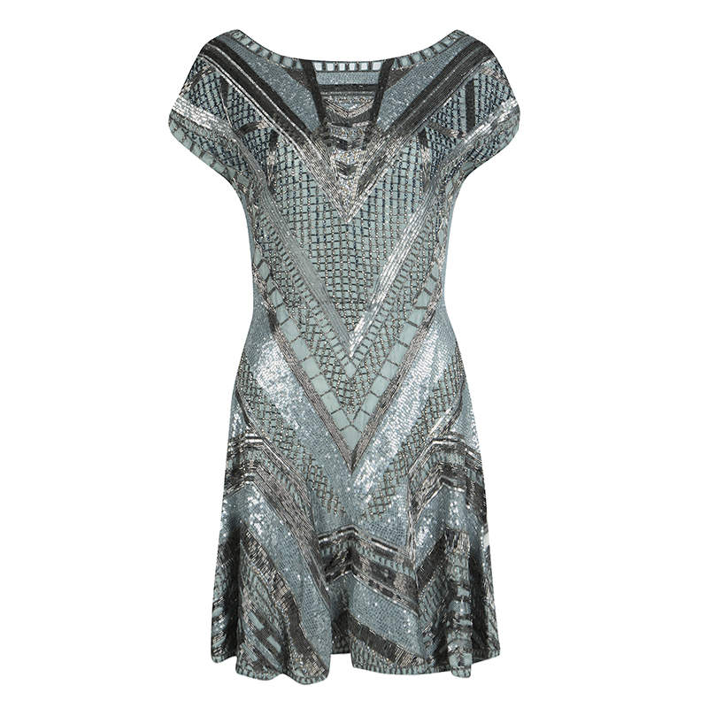 Matthew Williamson Grey Embellished Silk Cap Sleeve Dress M