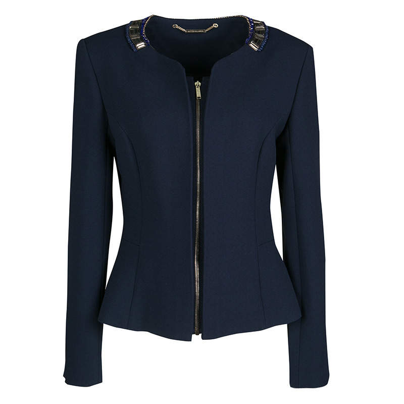 مملوكة مسبقًا Matthew Williamson Navy Blue Embellished Neck Detail Zip Front Jacket M