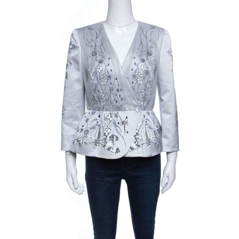 Matthew Williamson Grey Floral Printed Tulle Layered Box Jacket M
