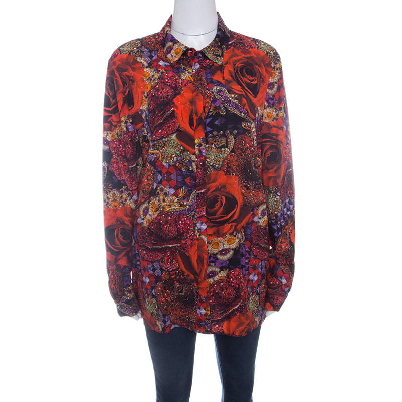 Matthew Williamson Red Precious Rose and Jewel Print Long Sleeve Blouse L