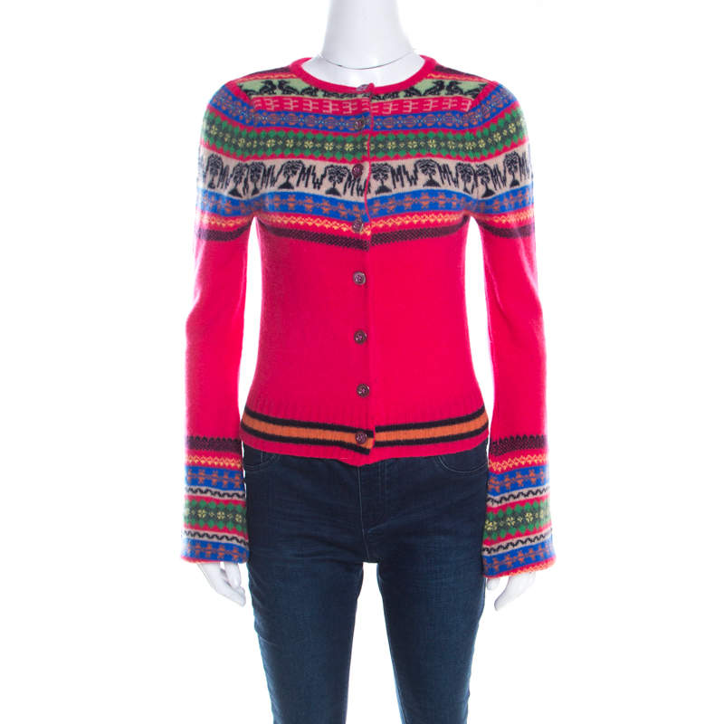 Matthew Williamson Pink Fair Isle Patterned Wool Button Front Cardigan S