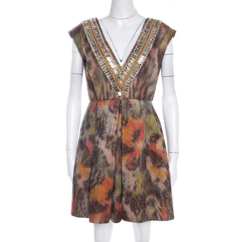 Matthew Williamson Multicolor Printed Jacquard Plunge Neck Cocktail Dress M 