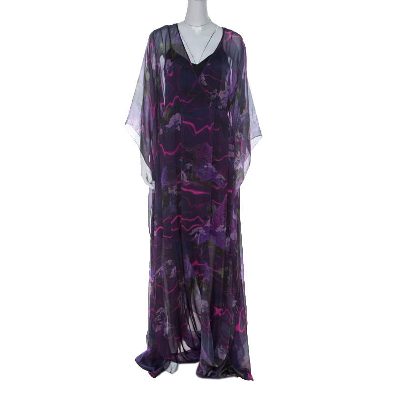 Matthew Williamson Purple Printed Silk Long Folded Hemline Kaftan Dress M