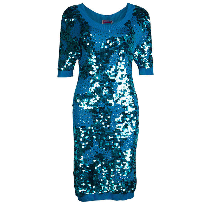 Matthew Williamson Turquoise Silk Rib Knit Embellished Dress M