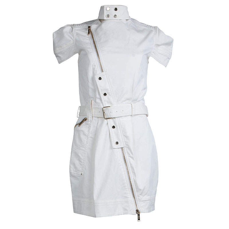 Mathew Williamson White Denim Overlap Zipper Belted Dress M