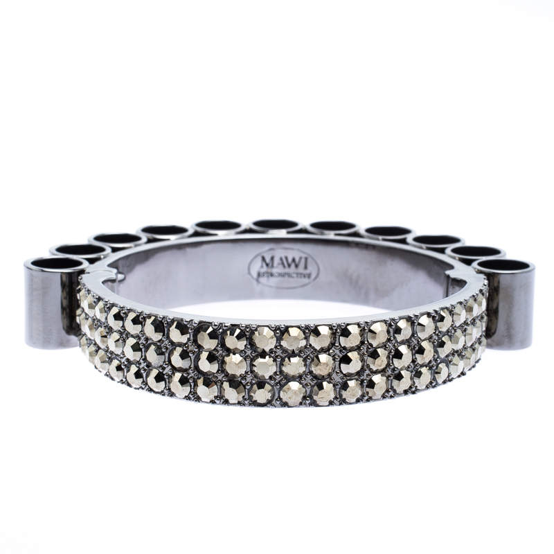 Mawi Retrospective Embedded Crystal Hematite Plated Tube Cuff Bracelet 19cm