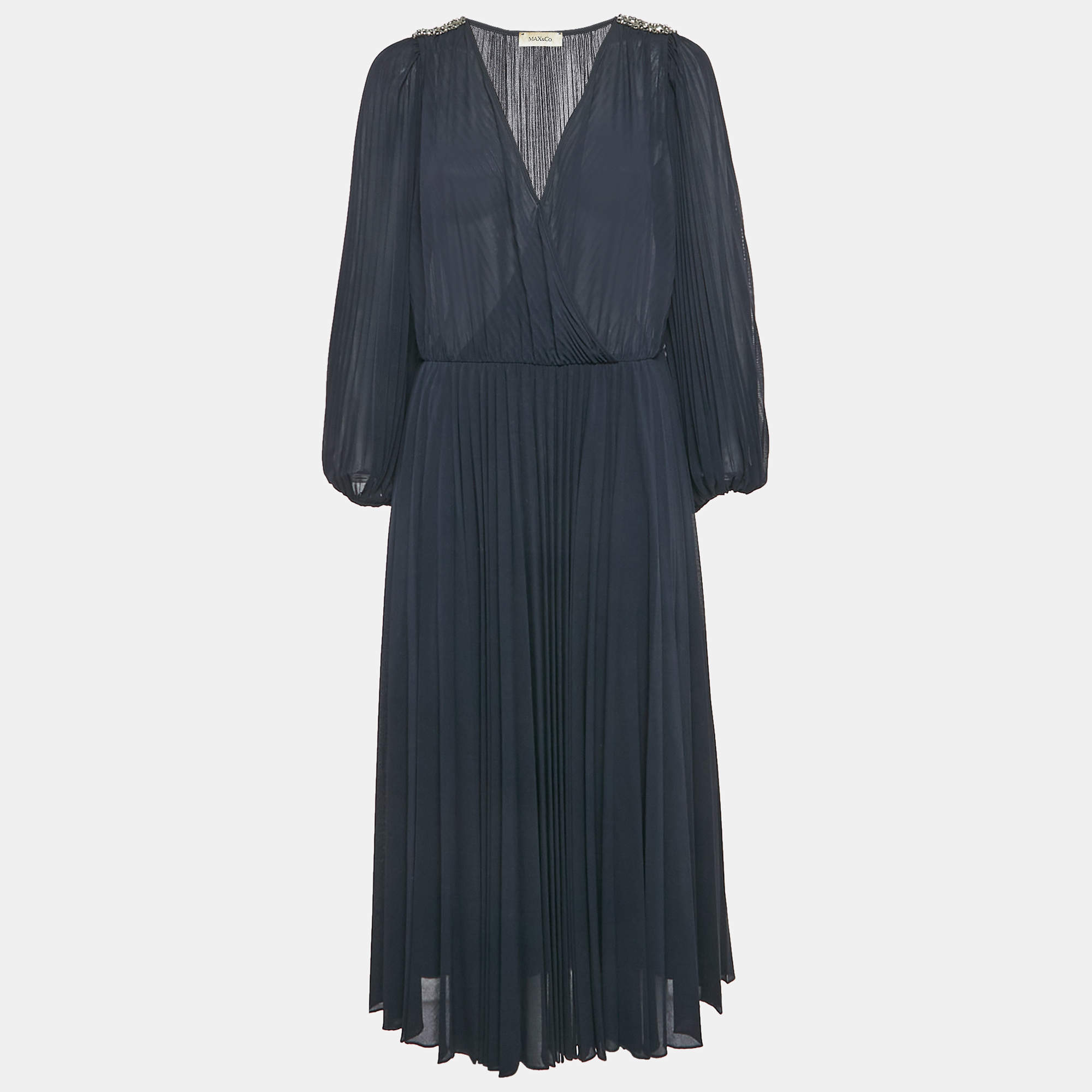 Pre Owned Max & Co. Navy Blue Plisse Embellished Midi Dress L