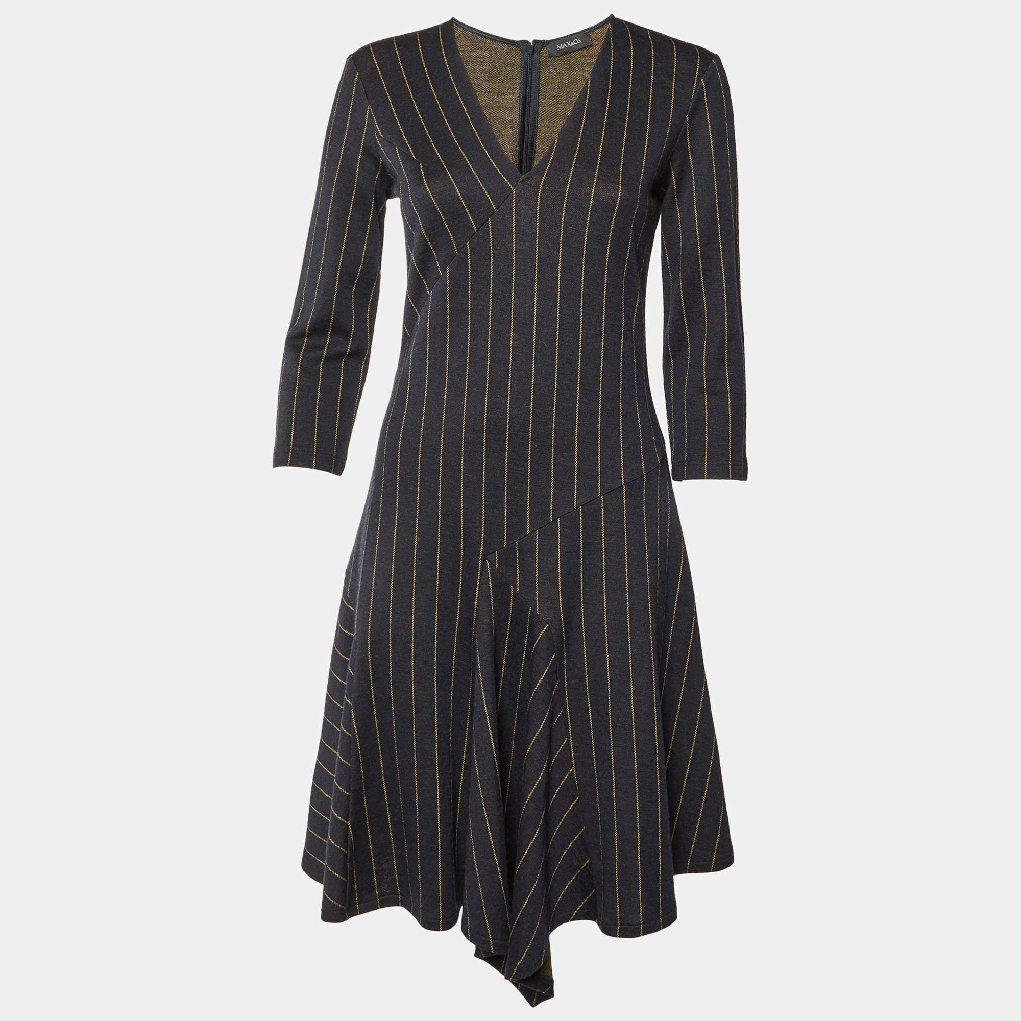 Pre Owned Max & Co. Navy Blue Striped Wool Blend Flounce Dress M