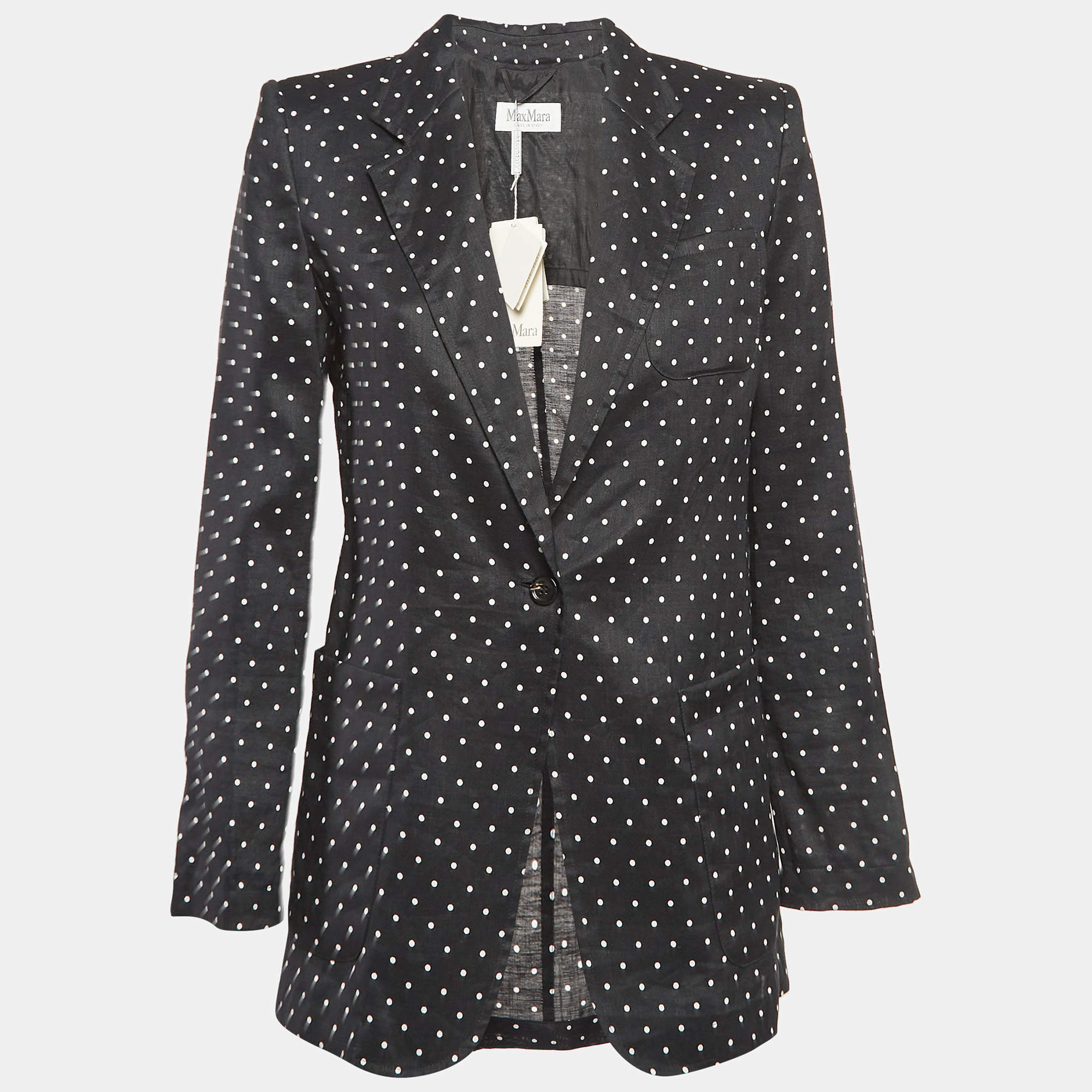 Max Mara Black Polka Dots Print Ramie Pittore Blazer M