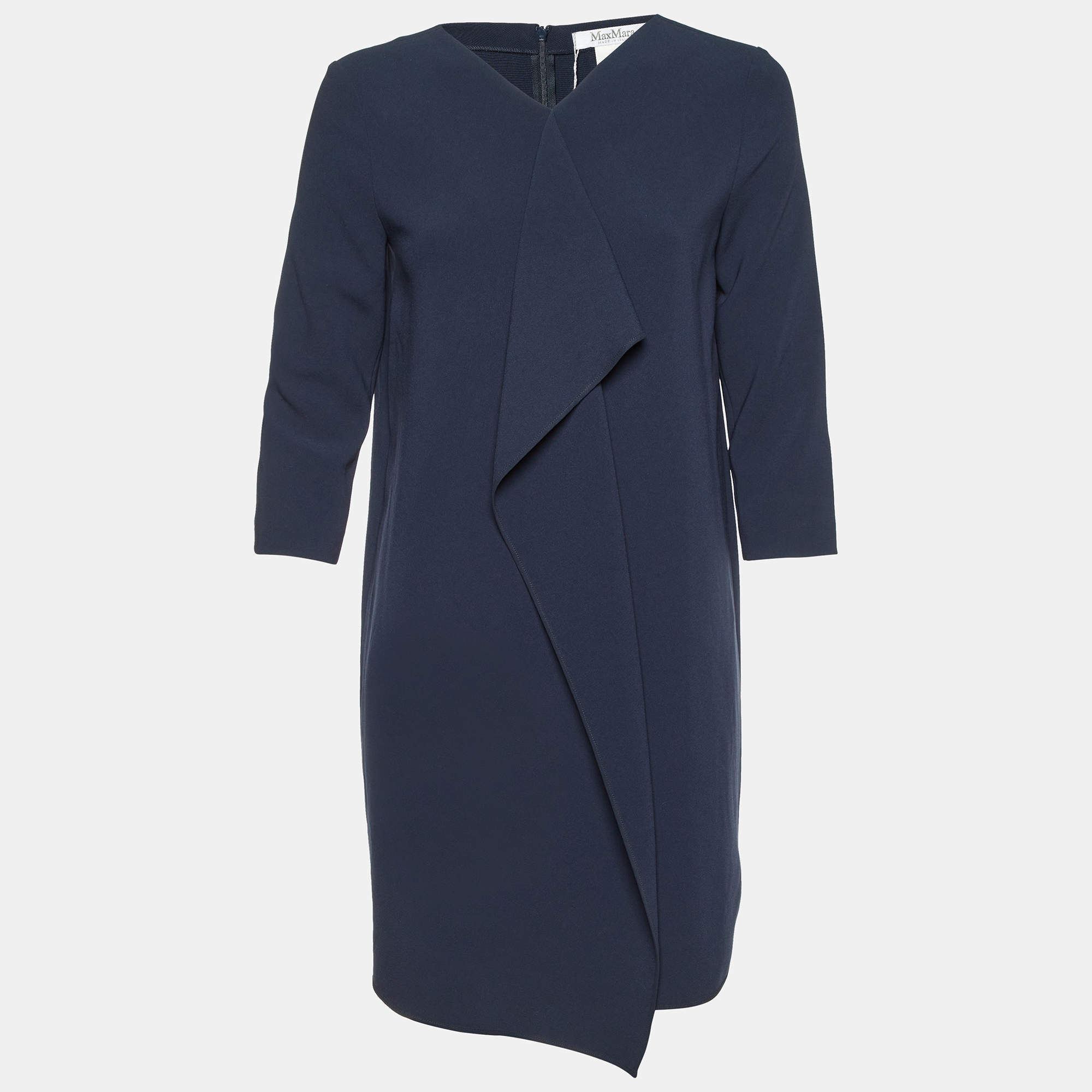 Max Mara Navy Blue Crepe Bocca Faux Wrap Dress S