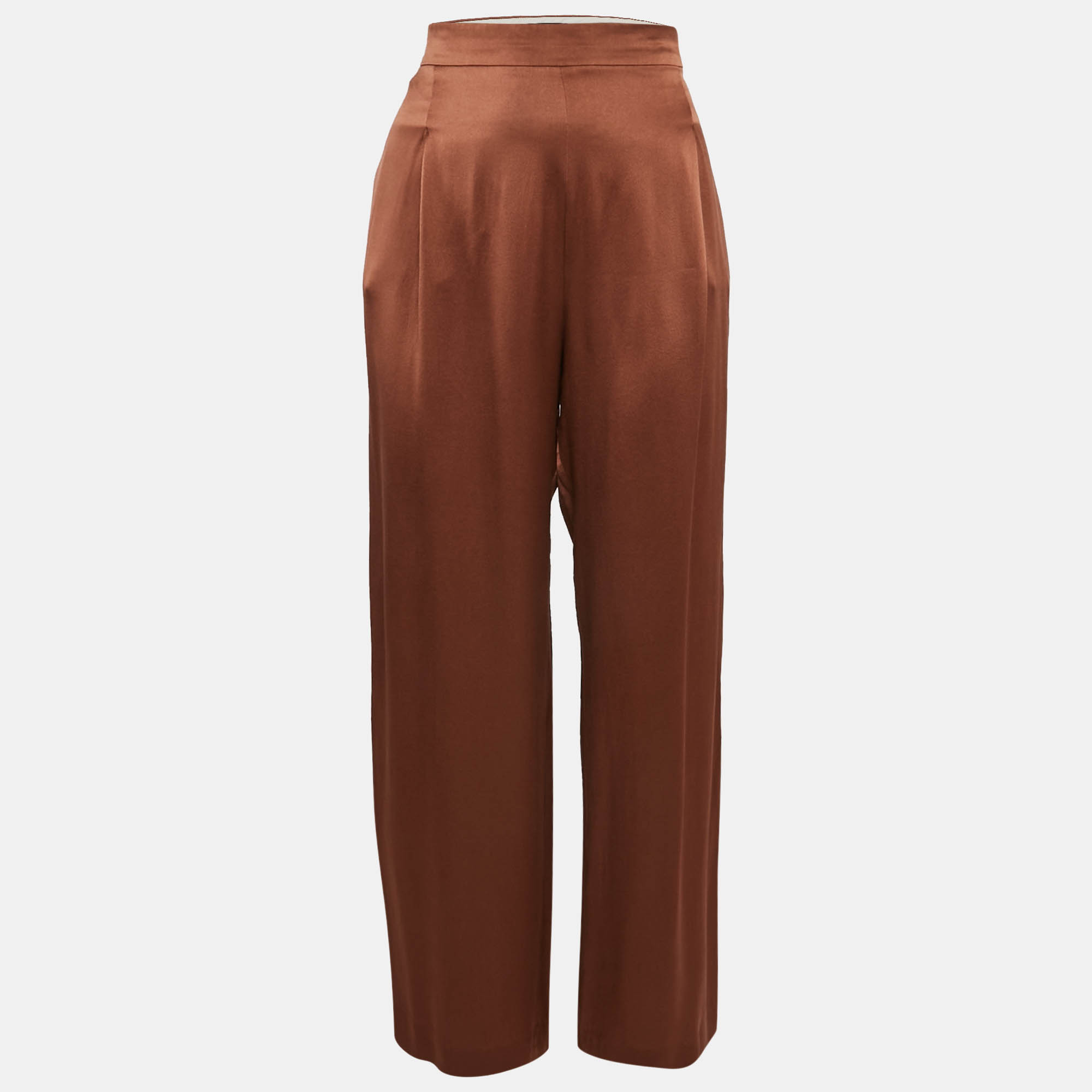 Max Mara Brown Satin Silk Flowing Envers Wide-Leg Trousers M