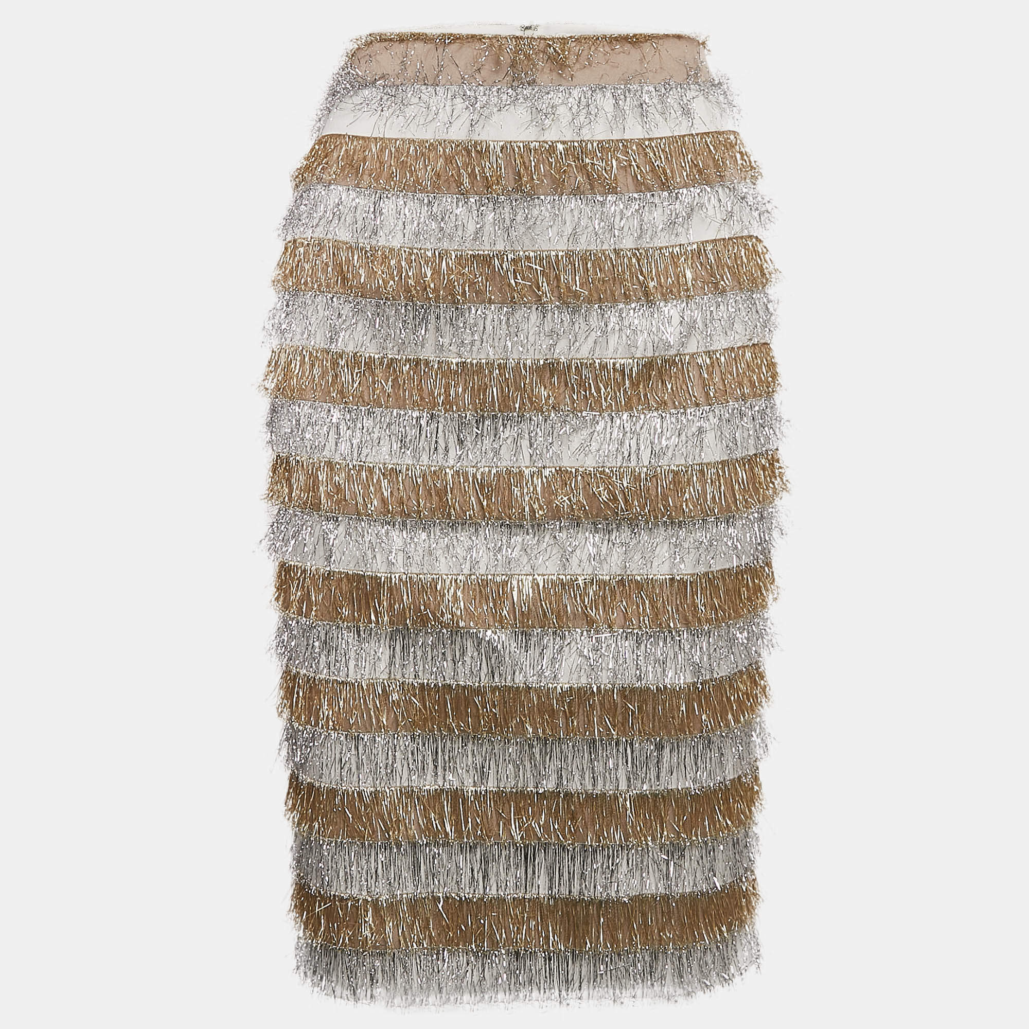 Max Mara Gold/Silver Metallic Fringed Crepe Gavetta Skirt S