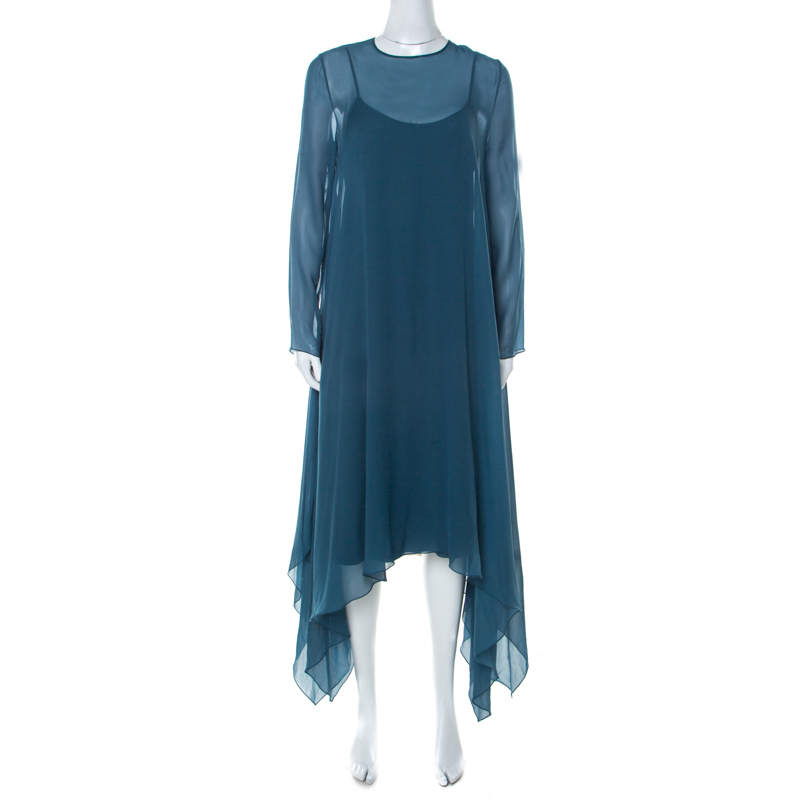 Pre Owned Max Mara Pianoforte Teal Blue Silk Handkerchief Hem Dress M