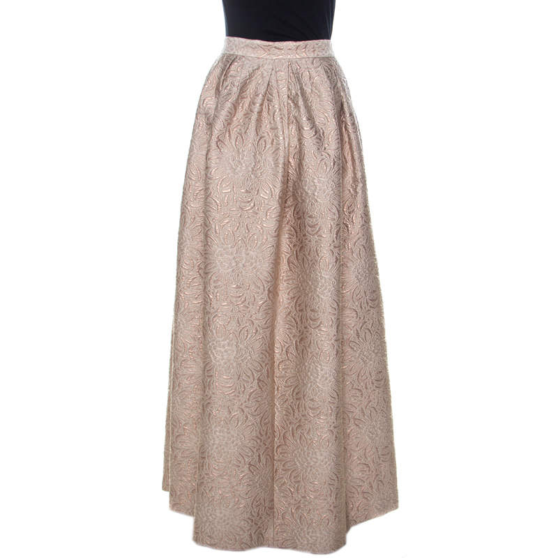 Pre Owned Max Mara Cream Lurex Floral Pattern Jacquard Long Skirt L