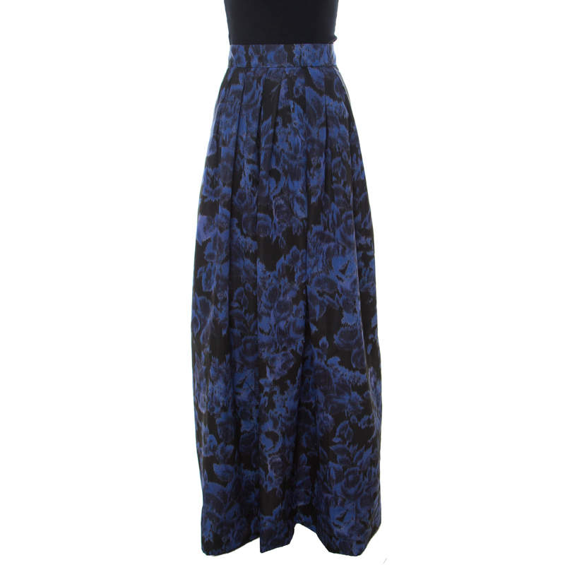 Pre Owned Max Mara Blue Printed Silk Maxi Skirt S