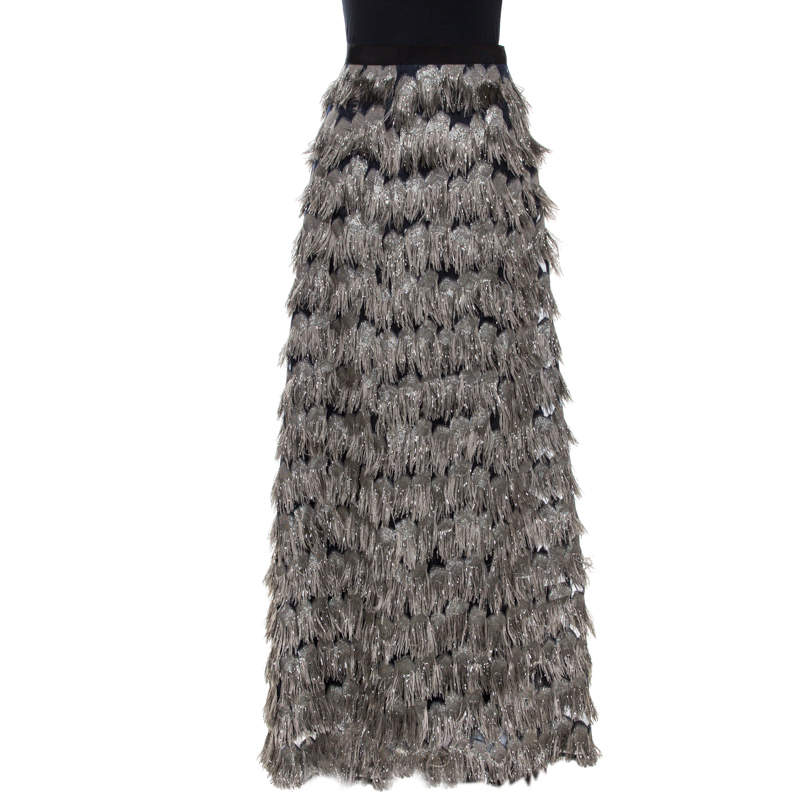 Pre Owned Max Mara Grey Metallic Jacquard Tinsel Fringed Maxi Skirt M