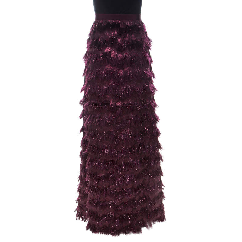 Pre Owned Max Mara Burgundy Metallic Jacquard Tinsel Fringed Maxi Skirt M