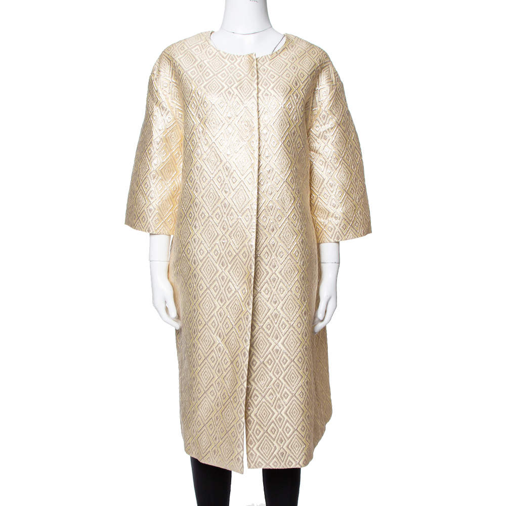 Pre Owned Max Mara Pale Yellow Lurex Jacquard Faenza Coat M