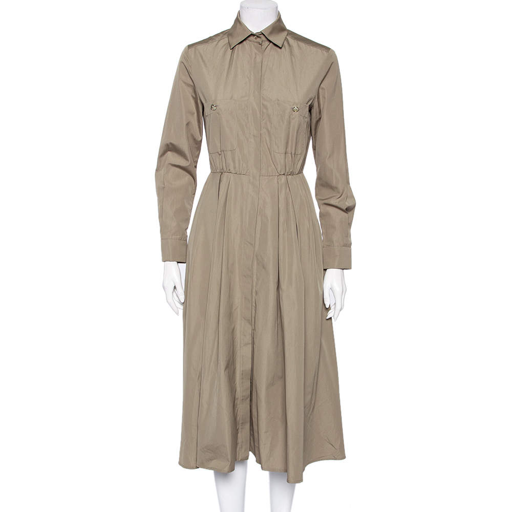 Pre Owned Max Mara Khaki Brown Cotton Button Front Pleated Shirt Dress S