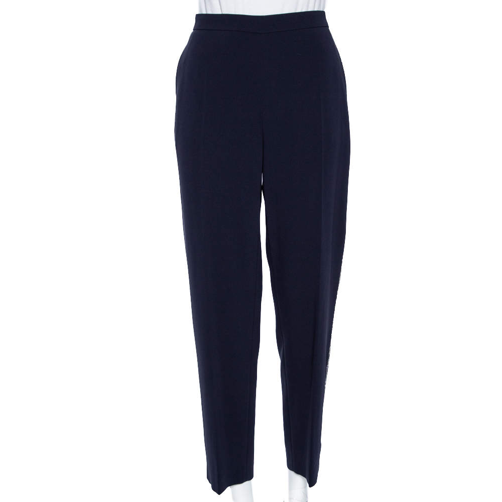 Pre Owned Max Mara Navy Blue Crepe Embellished Trimmed Remo Pants L