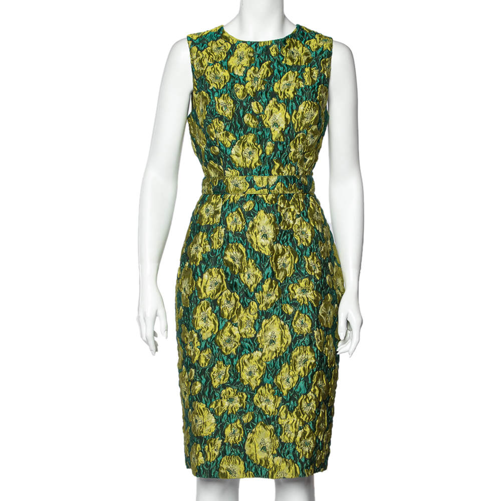 Pre Owned Max Mara Green Floral Embossed Jacquard Belted Sleeveless Sheath Dress L
