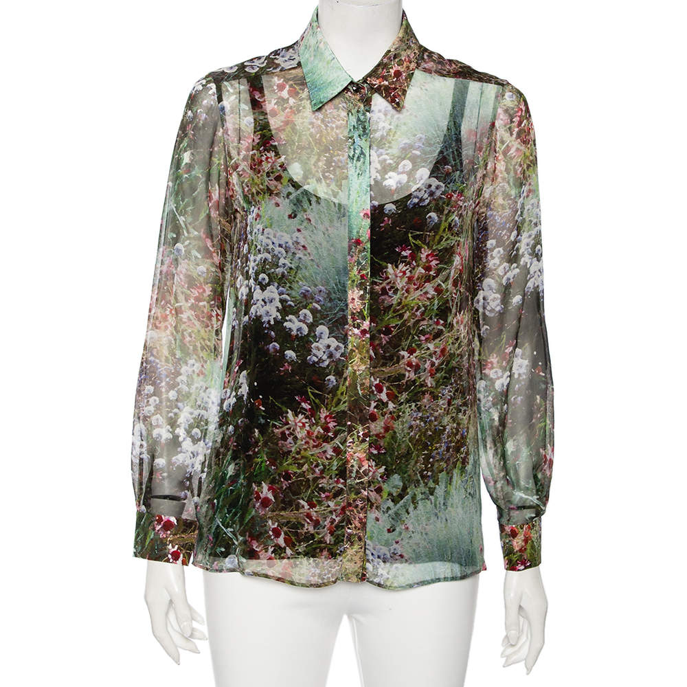 Pre Owned Max Mara Green Floral Printed Canneti Button Front Shirt S