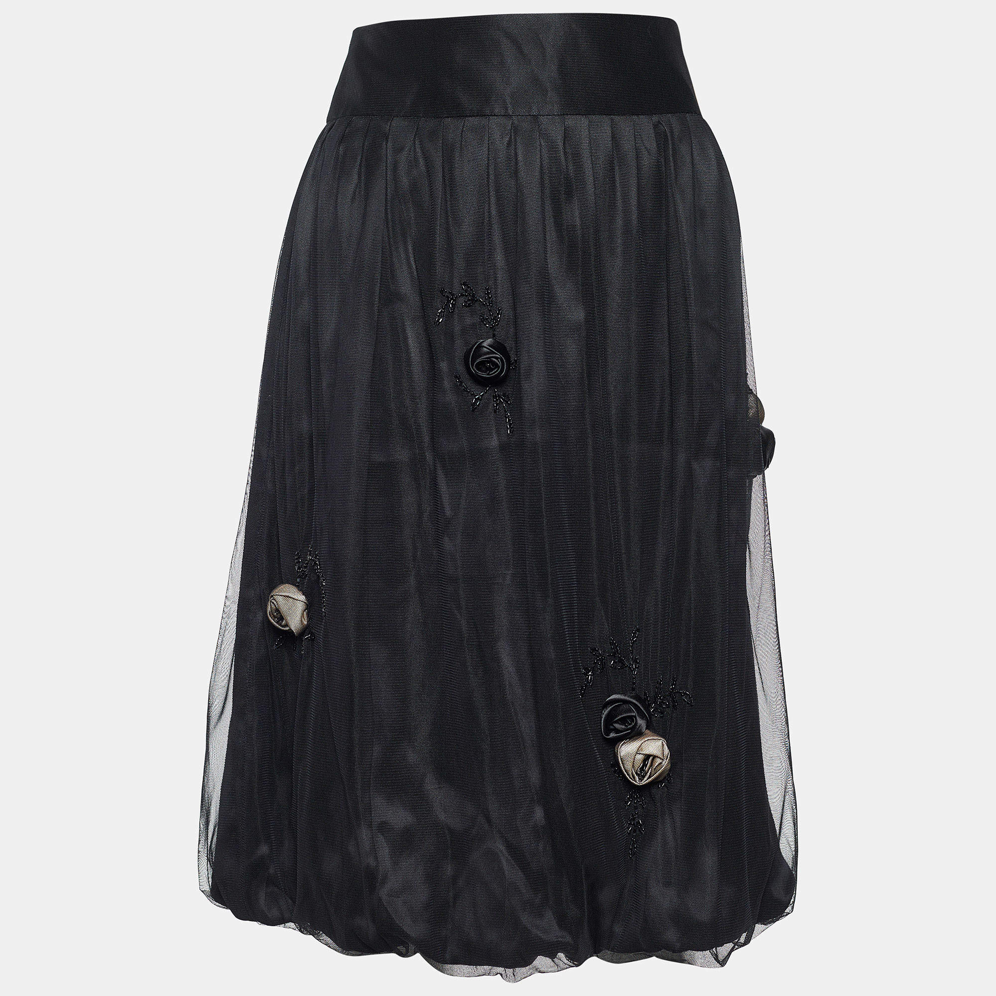 Pre Owned Max Mara Black Floral Applique Tulle Bubble Skirt S