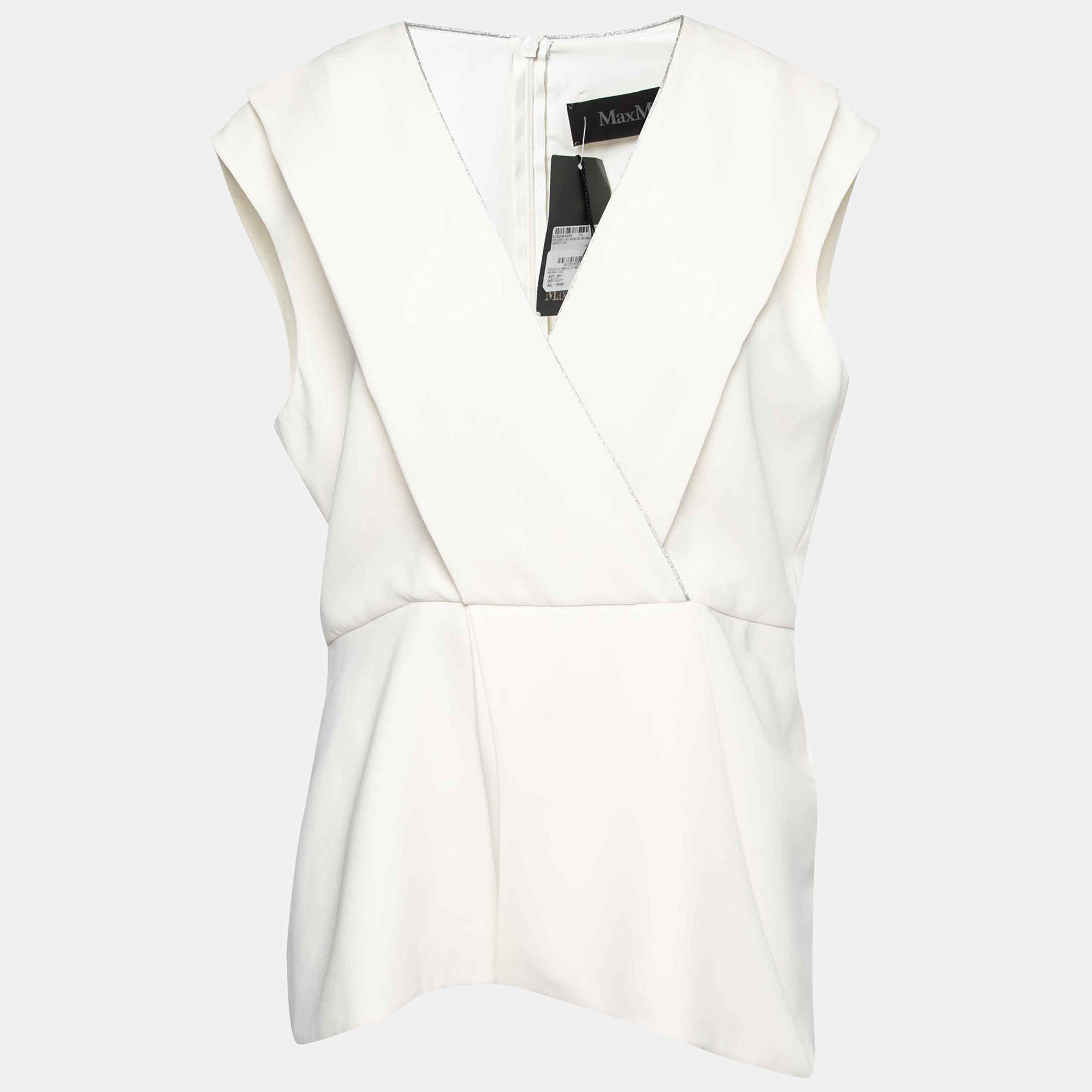 Pre Owned Max Mara Cream Crepe Metallic Trim Pleated Front Blouse XL