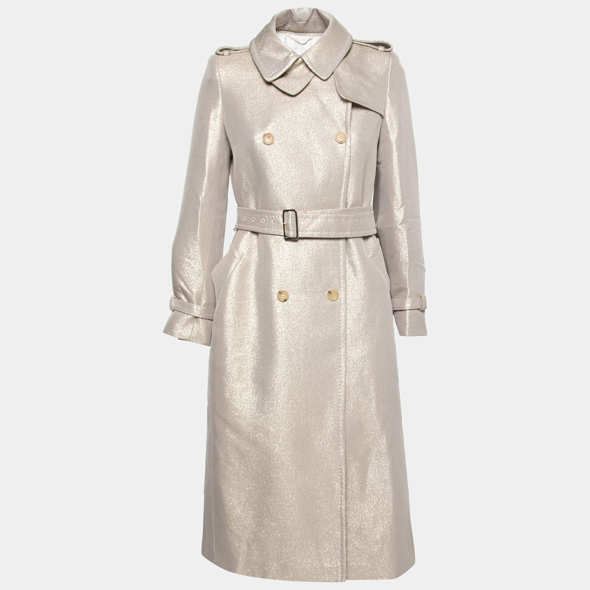 Pre Owned Max Mara Gold Lurex & Wool Double Breasted Haven Trench Coat S